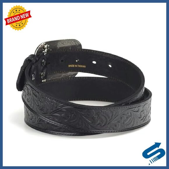 Western Tooled Leather Belt with Rhinestone Buckle, 1.5 Inch Wide main image 4
